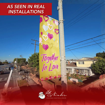 Together In Love Valentine pole banner displayed on street pole in real installation