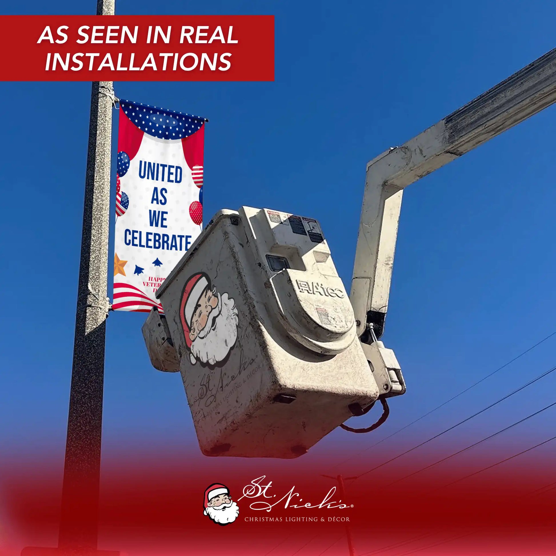 United As We Celebrate Veterans Day pole banner installed on street light pole