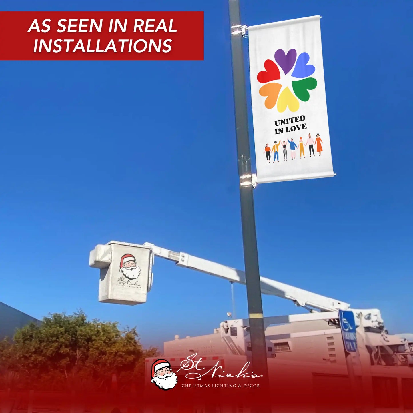 United in Love pride pole banner installed on street pole during real outdoor installation