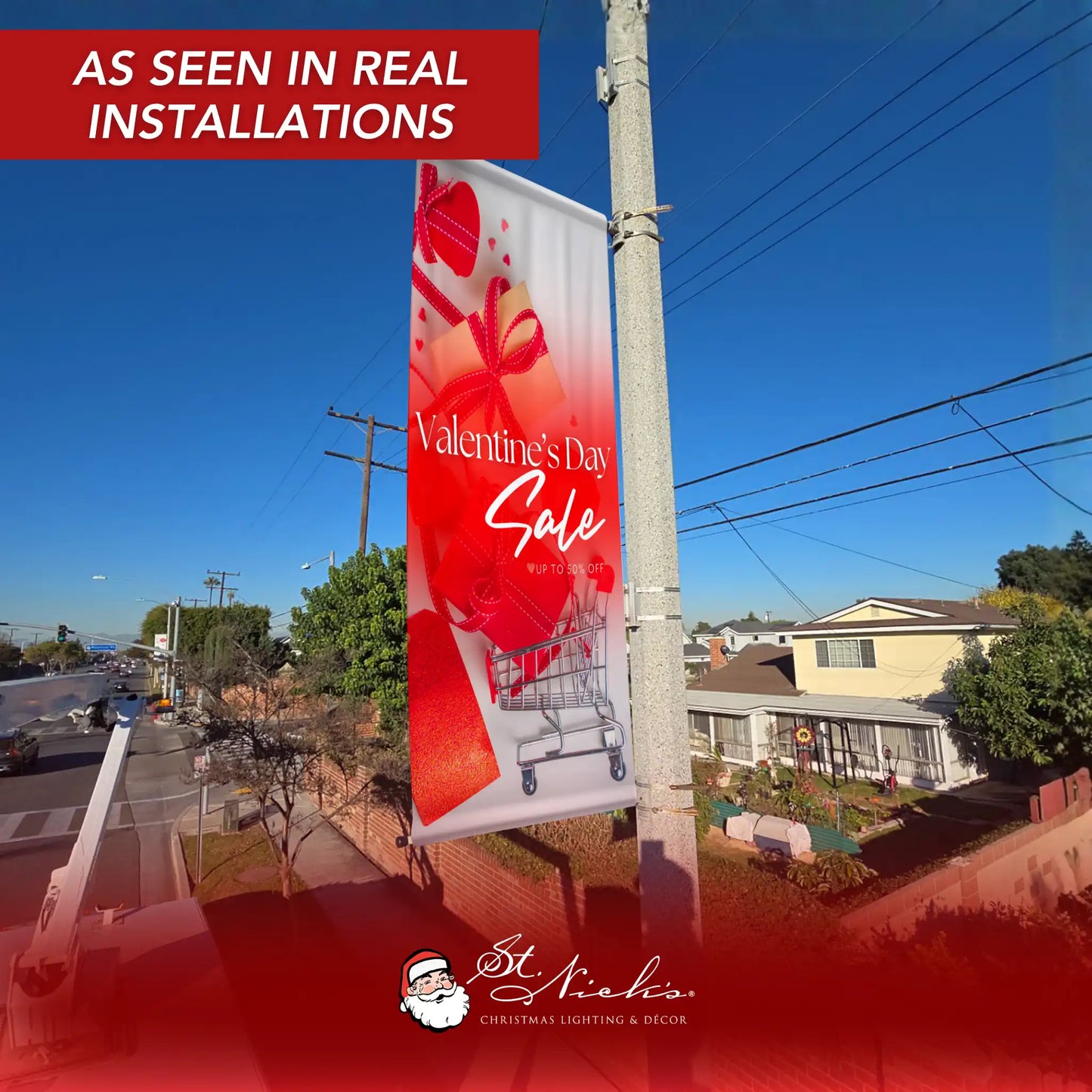 Valentine’s Day Sale pole banner displayed on street pole in real installation