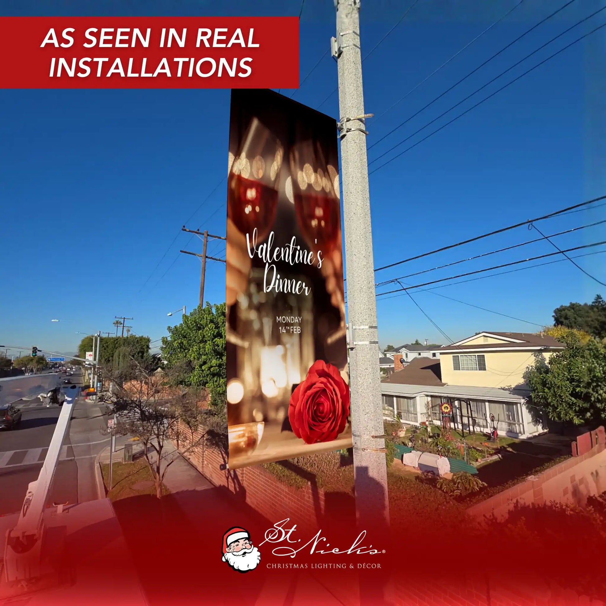 Valentine’s Dinner pole banner displayed on street pole in real installation