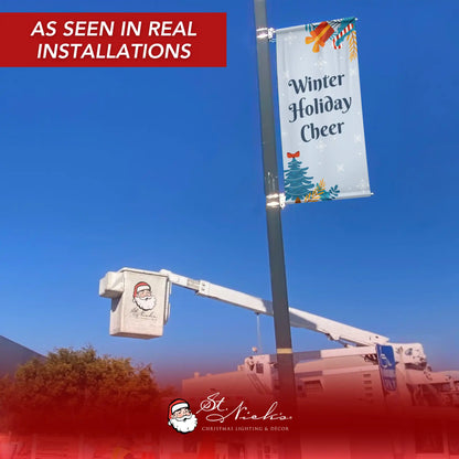 Winter Holiday Cheer winter pole banner displayed on street pole in real installation