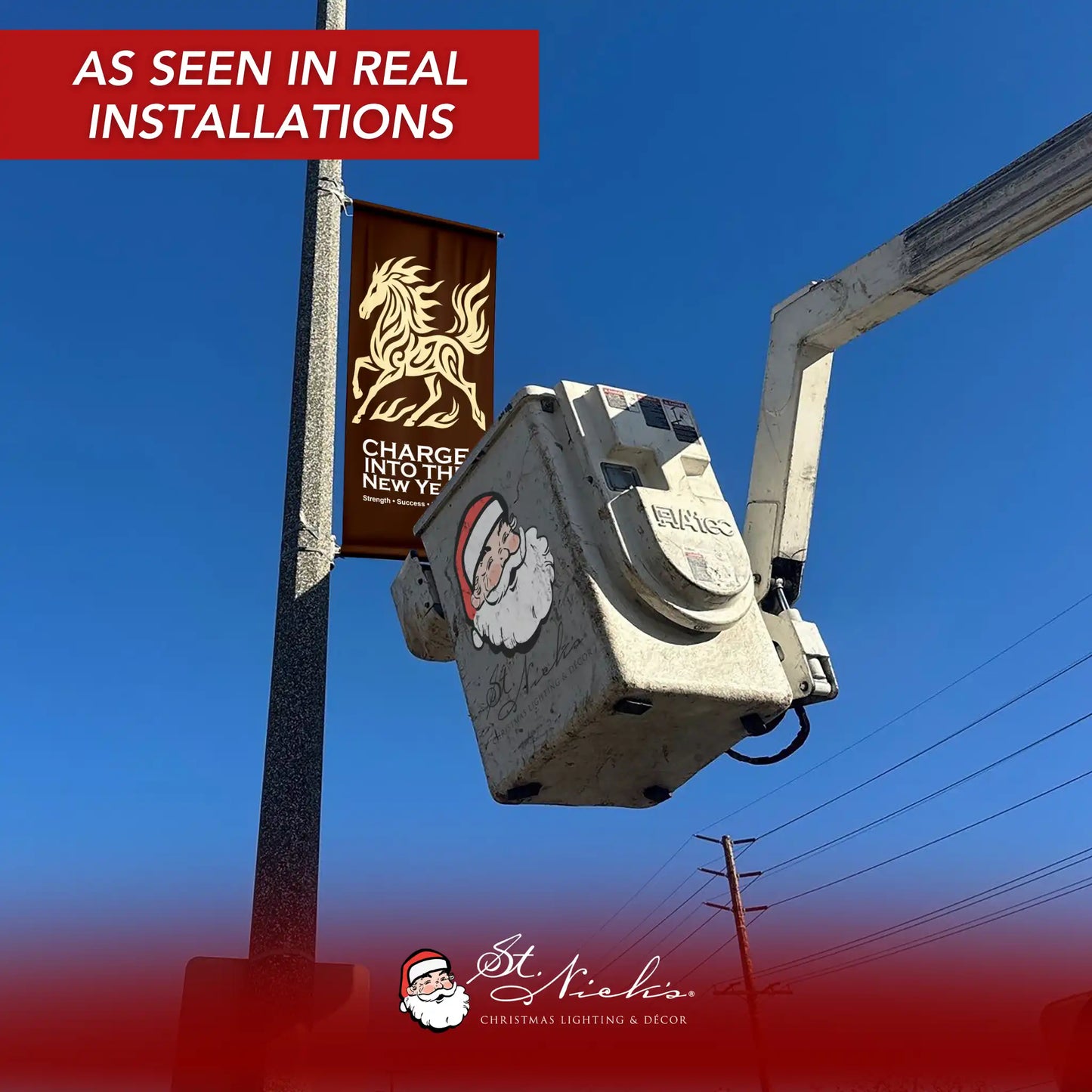 Year of the Horse Lunar New Year pole banner installed on street pole in real-world commercial installation