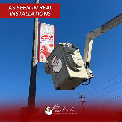 Year of the Horse Lunar New Year pole banner installed on a street pole in a real commercial installation