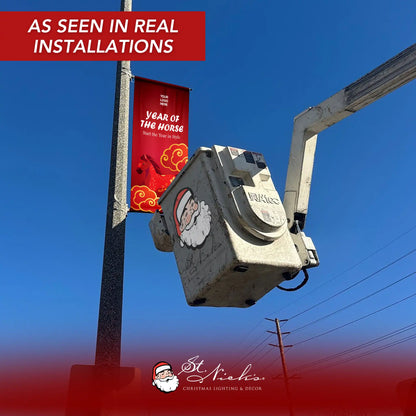 Year of the Horse Lunar New Year pole banner displayed on street pole in real installation