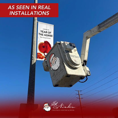 Year of the Horse Lunar New Year white pole banner installed on a street pole in a real-world outdoor setting