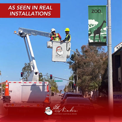 Zoo themed pole banner installed on street pole during real commercial installation