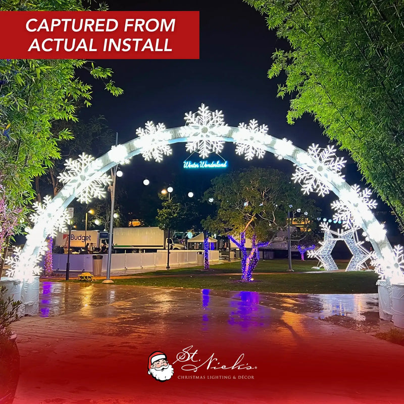 20ft walkthrough snowflake arch used as interactive holiday light tunnel entrance