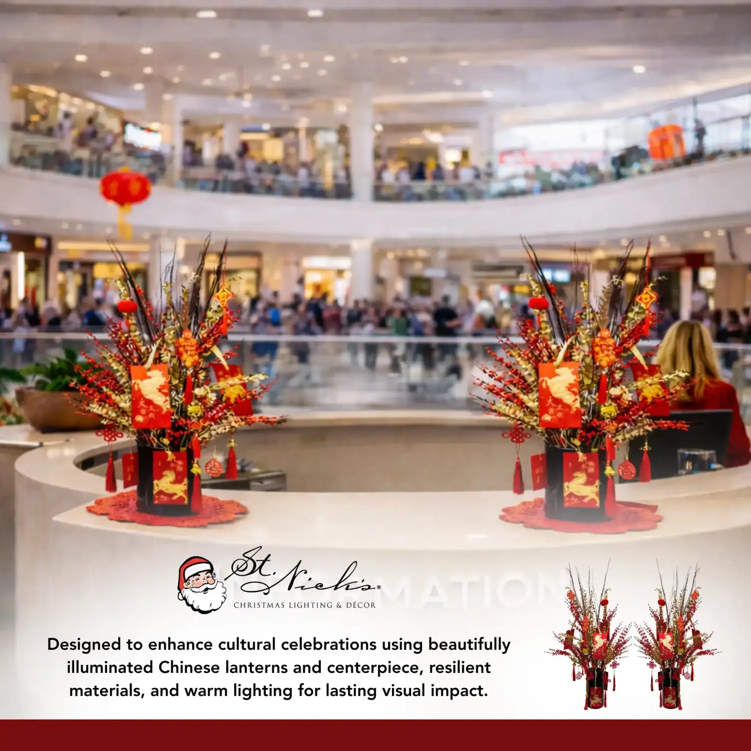 24-inch Lunar New Year centerpiece installed in shopping mall for cultural celebration and seasonal décor