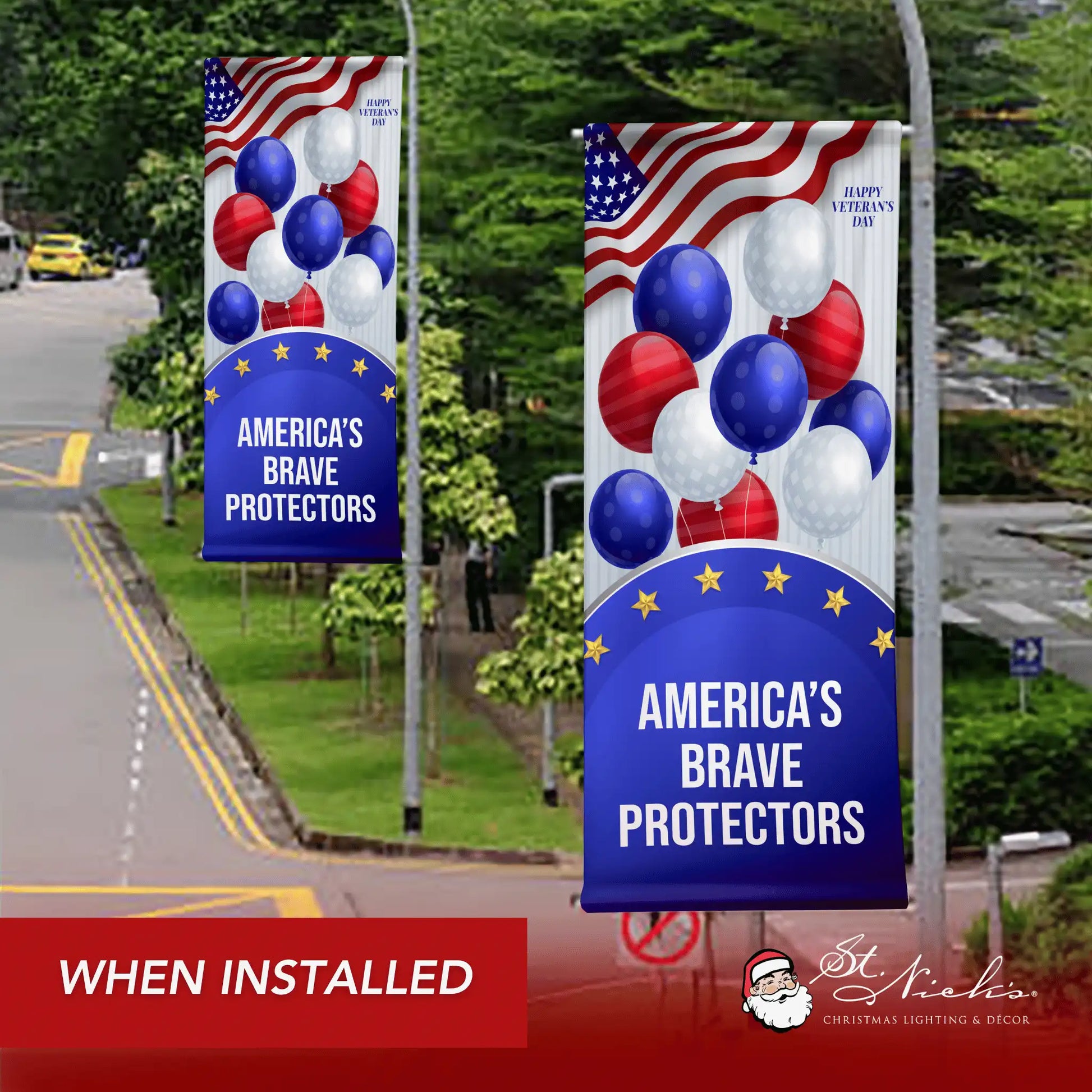 America’s Brave Protectors patriotic pole banner displayed along roadway honoring veterans