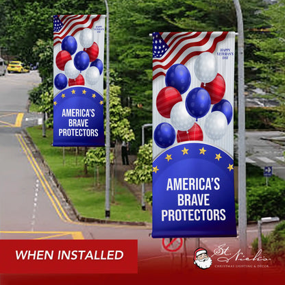 America’s Brave Protectors patriotic pole banner displayed along roadway honoring veterans