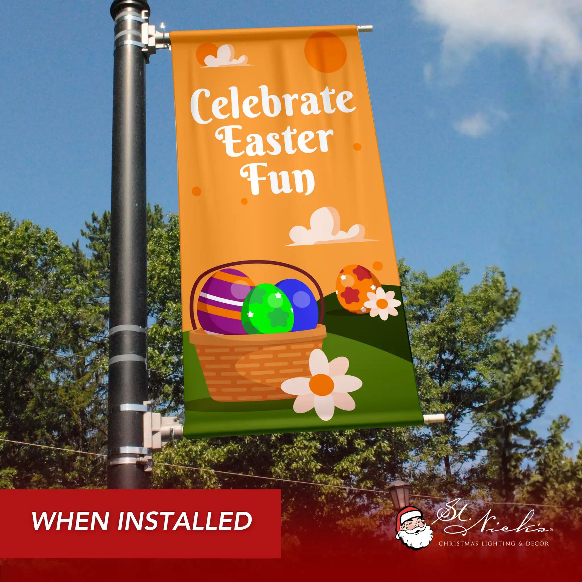 Celebrate Easter Fun Easter pole banner installed along city street for seasonal spring décor