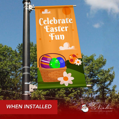 Celebrate Easter Fun Easter pole banner installed along city street for seasonal spring décor