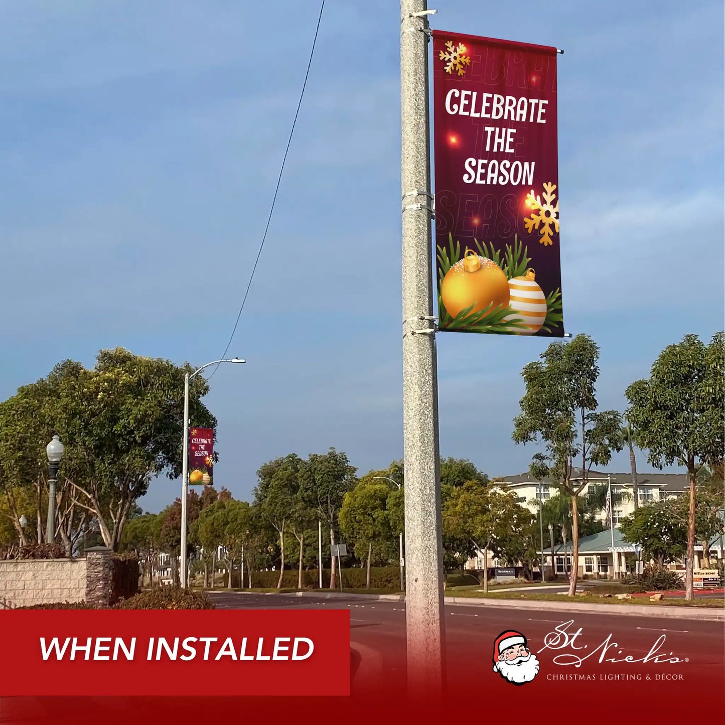 Celebrate The Season Christmas pole banner installed along city street for festive holiday décor