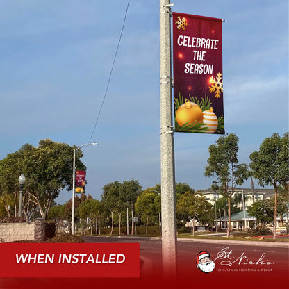 Celebrate The Season Christmas pole banner installed along city street for festive holiday décor