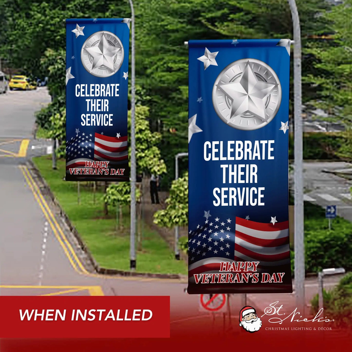 Celebrate Their Service blue street pole banner displayed along roadway for Veterans Day
