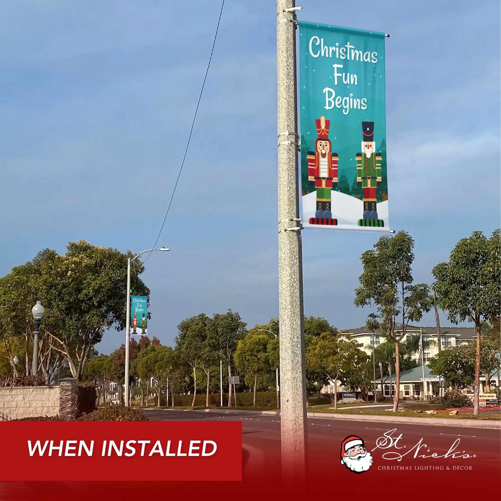 Christmas Fun Begins Christmas pole banner installed along city street for festive holiday décor