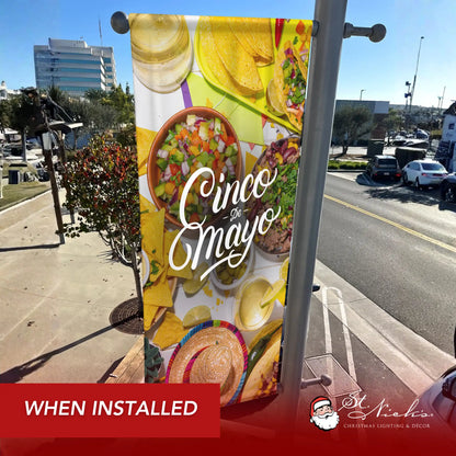 Cinco de Mayo food photography pole banner shown installed on a city street pole during festival season