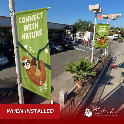 Connect With Nature green outdoor street banner displayed along commercial walkway
