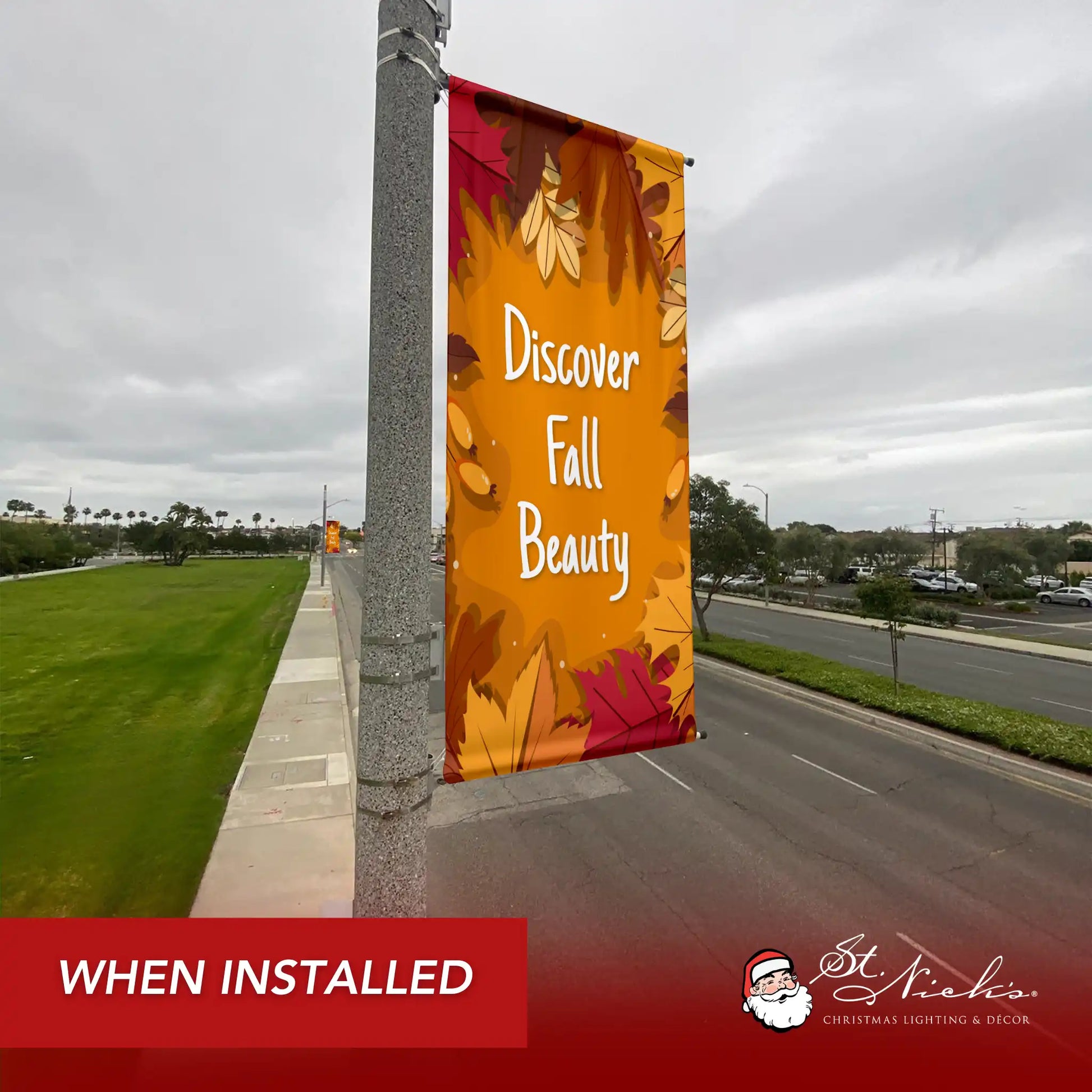 Discover Fall Beauty fall pole banner installed along city street for seasonal decoration