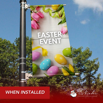 Easter Super Sale pole banner installed along city street for seasonal retail promotion