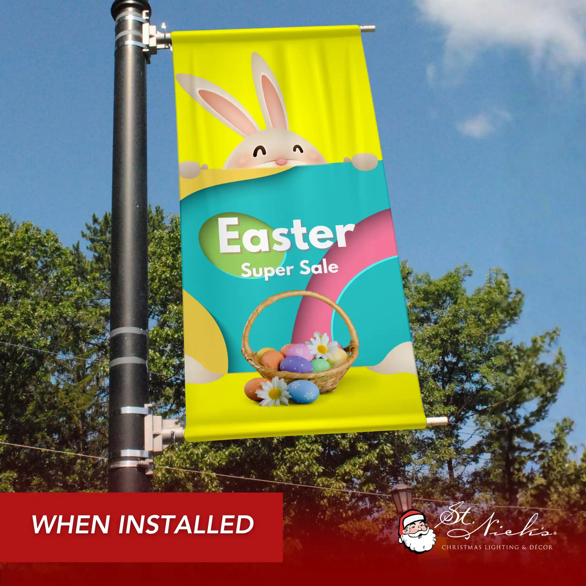 Easter Super Sale pole banner installed along city street for seasonal retail promotion