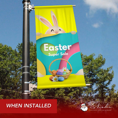 Easter Super Sale pole banner installed along city street for seasonal retail promotion