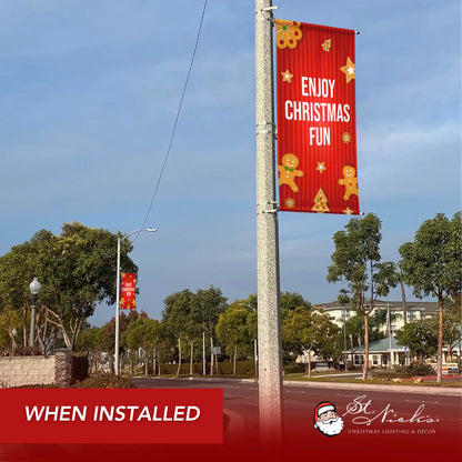 Enjoy Christmas Fun Christmas pole banner installed along city street for festive holiday décor