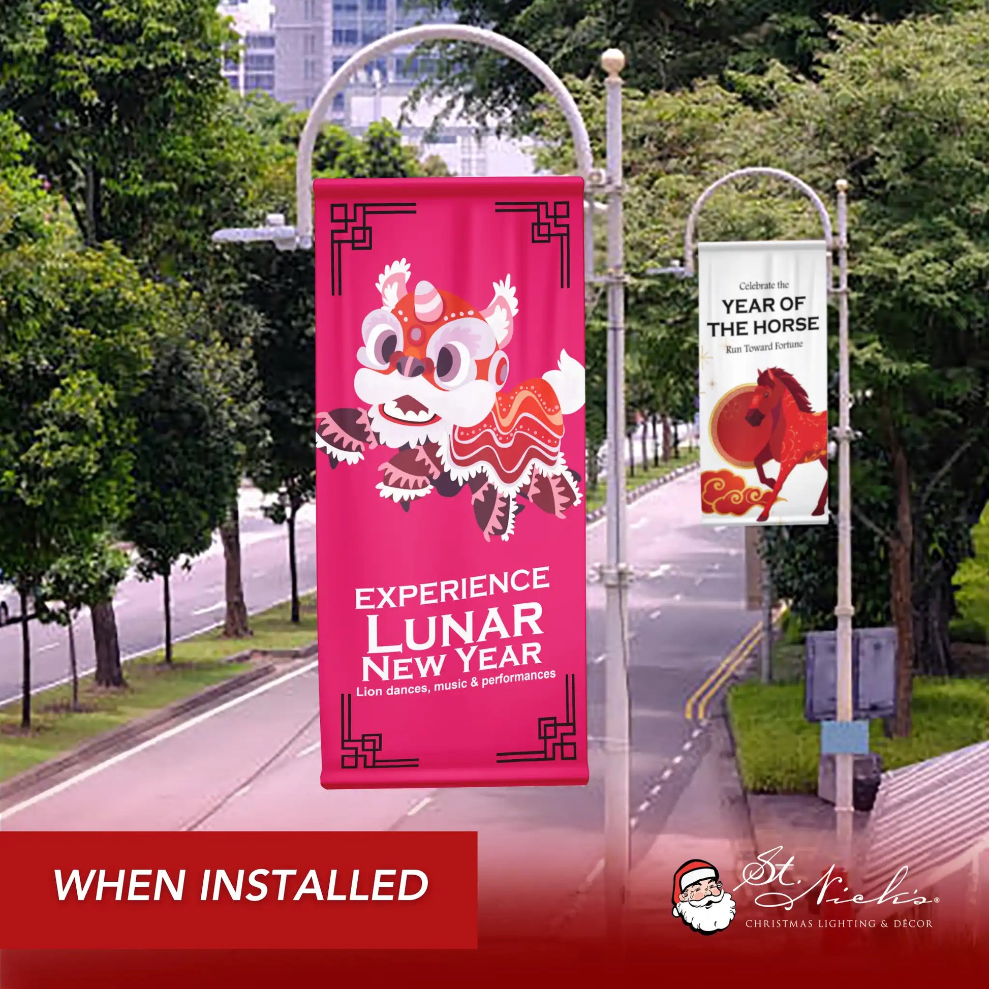 Experience Lunar New Year lion dance pole banner shown installed along city street with festive Lunar New Year décor
