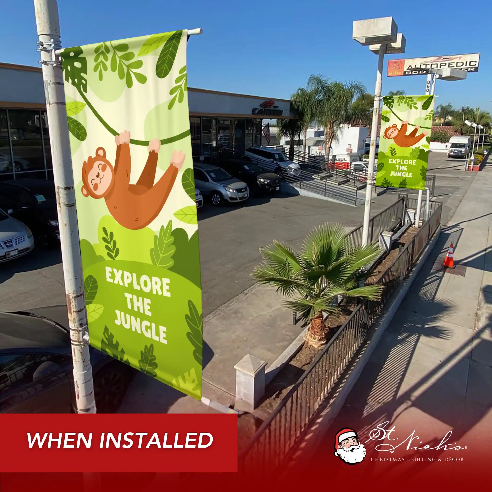 Explore the Jungle green street banner displayed along walkway in outdoor public space