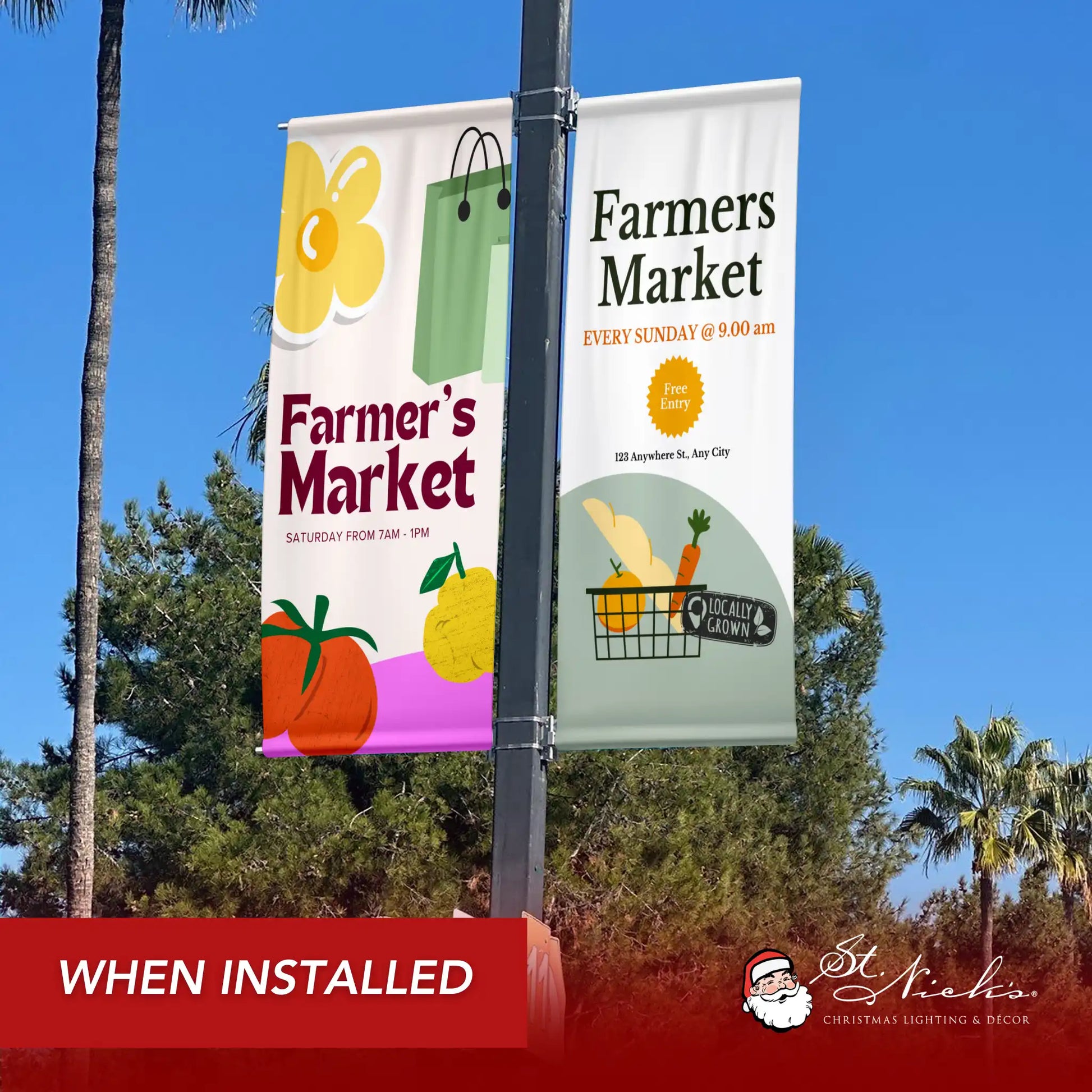 Farmer’s Market cream pole banner installed on city street pole alongside complementary market banners
