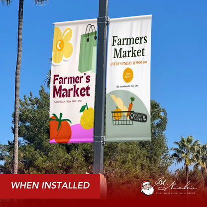 Farmer’s Market cream pole banner installed on city street pole alongside complementary market banners