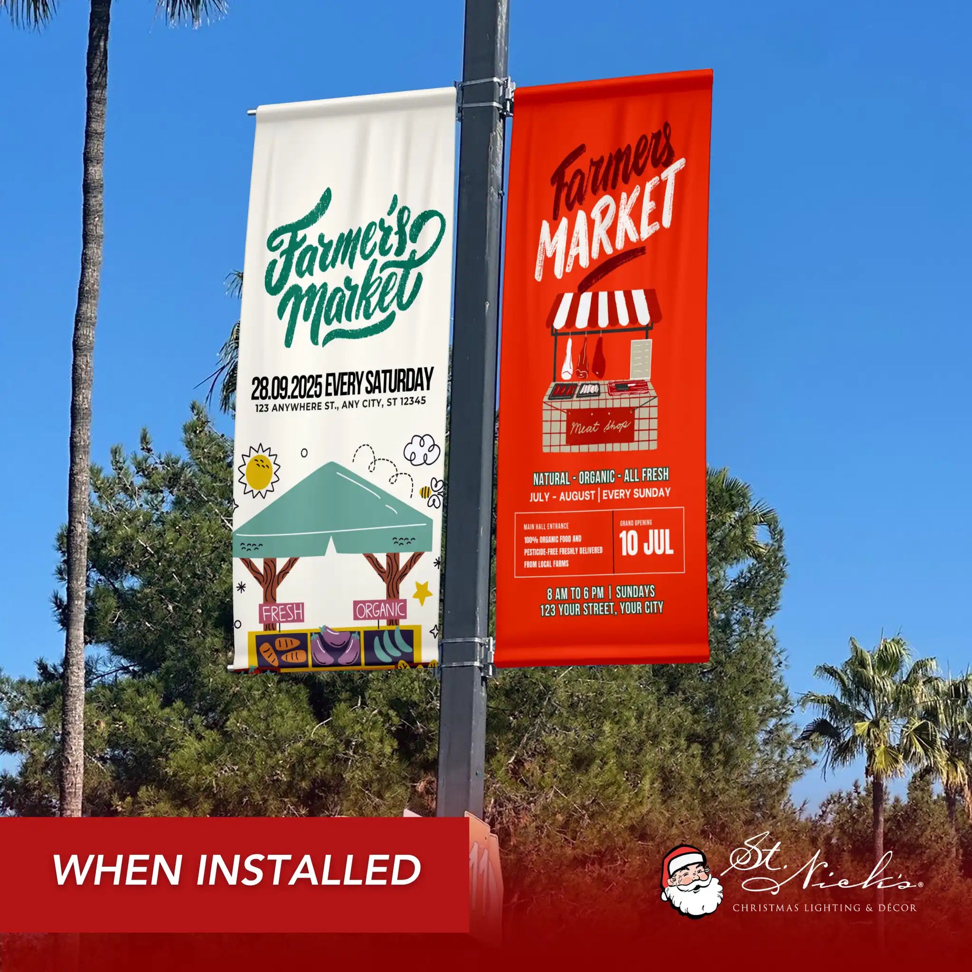 Farmers Market pole banner shown installed on a city street pole alongside complementary banners
