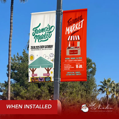 Farmers Market pole banner shown installed on a city street pole alongside complementary banners