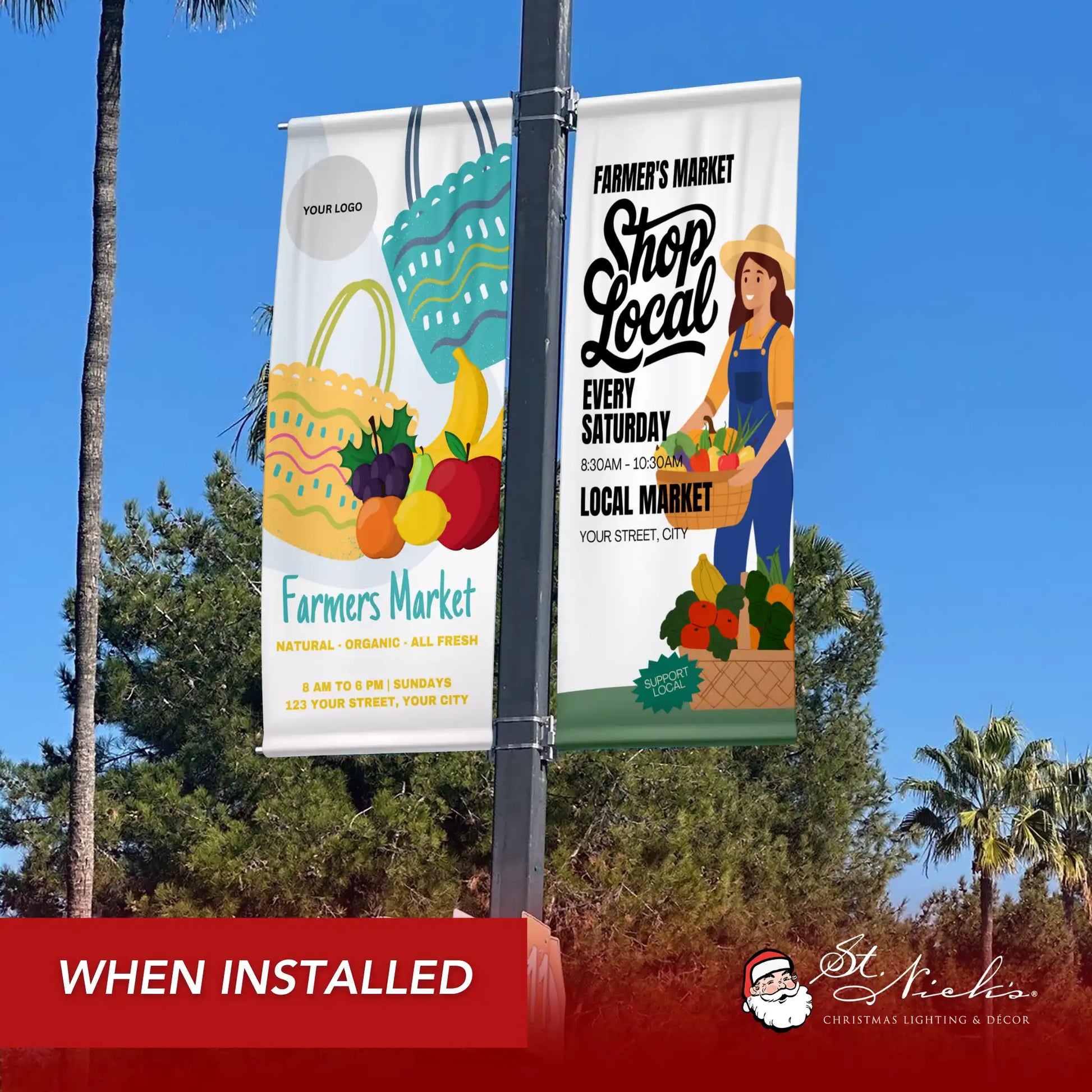 Farmers Market grocery bag pole banner shown installed on city street pole alongside complementary market décor