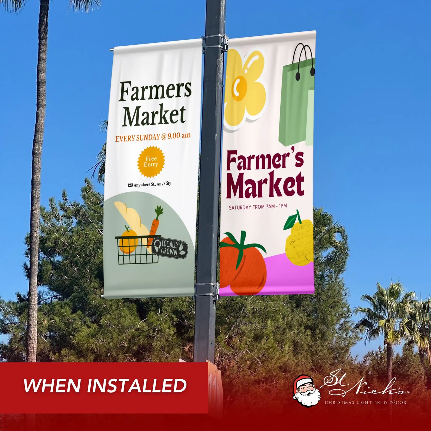 Farmers Market pole banner installed along city street promoting local farmers and weekly markets