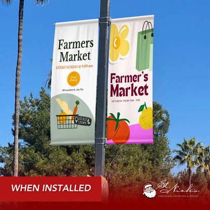 Farmers Market pole banner installed along city street promoting local farmers and weekly markets