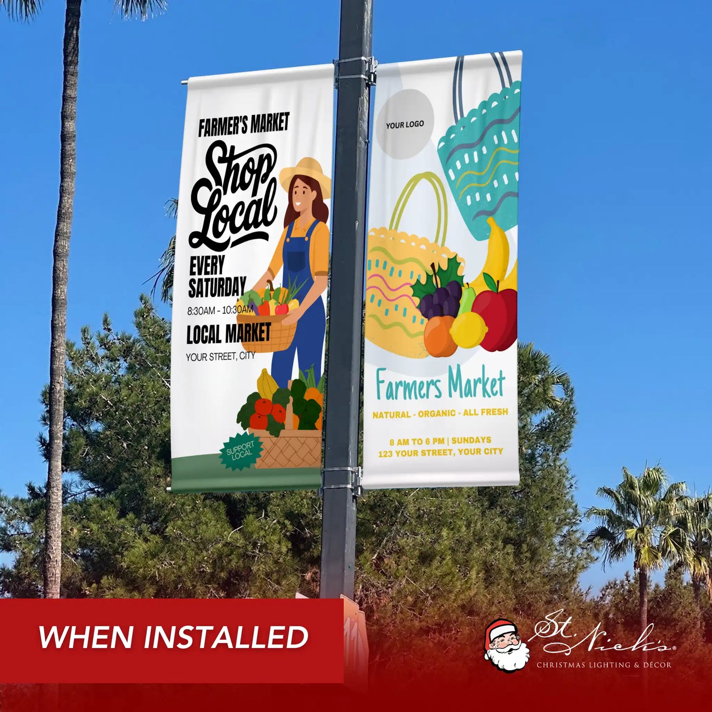 Farmer’s Market shop local pole banner installed along city street promoting weekly local markets