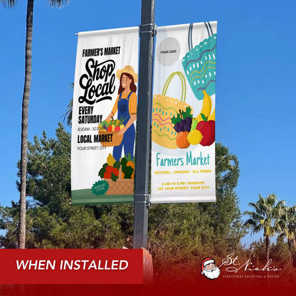 Farmer’s Market shop local pole banner installed along city street promoting weekly local markets