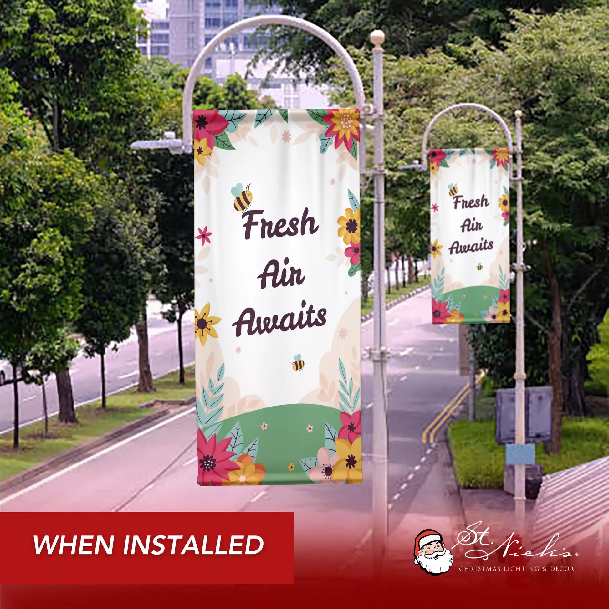 Fresh Air Awaits spring pole banner installed along city street for seasonal decoration