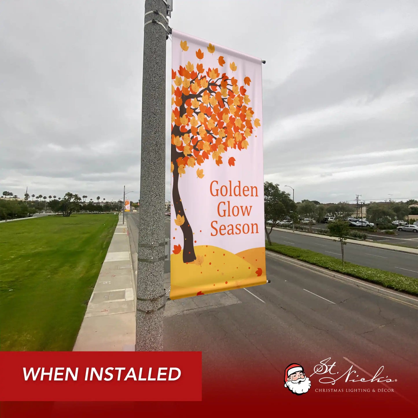 Golden Glow Season fall pole banner displayed along a city street for seasonal autumn décor