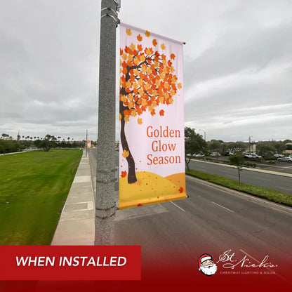 Golden Glow Season fall pole banner displayed along a city street for seasonal autumn décor