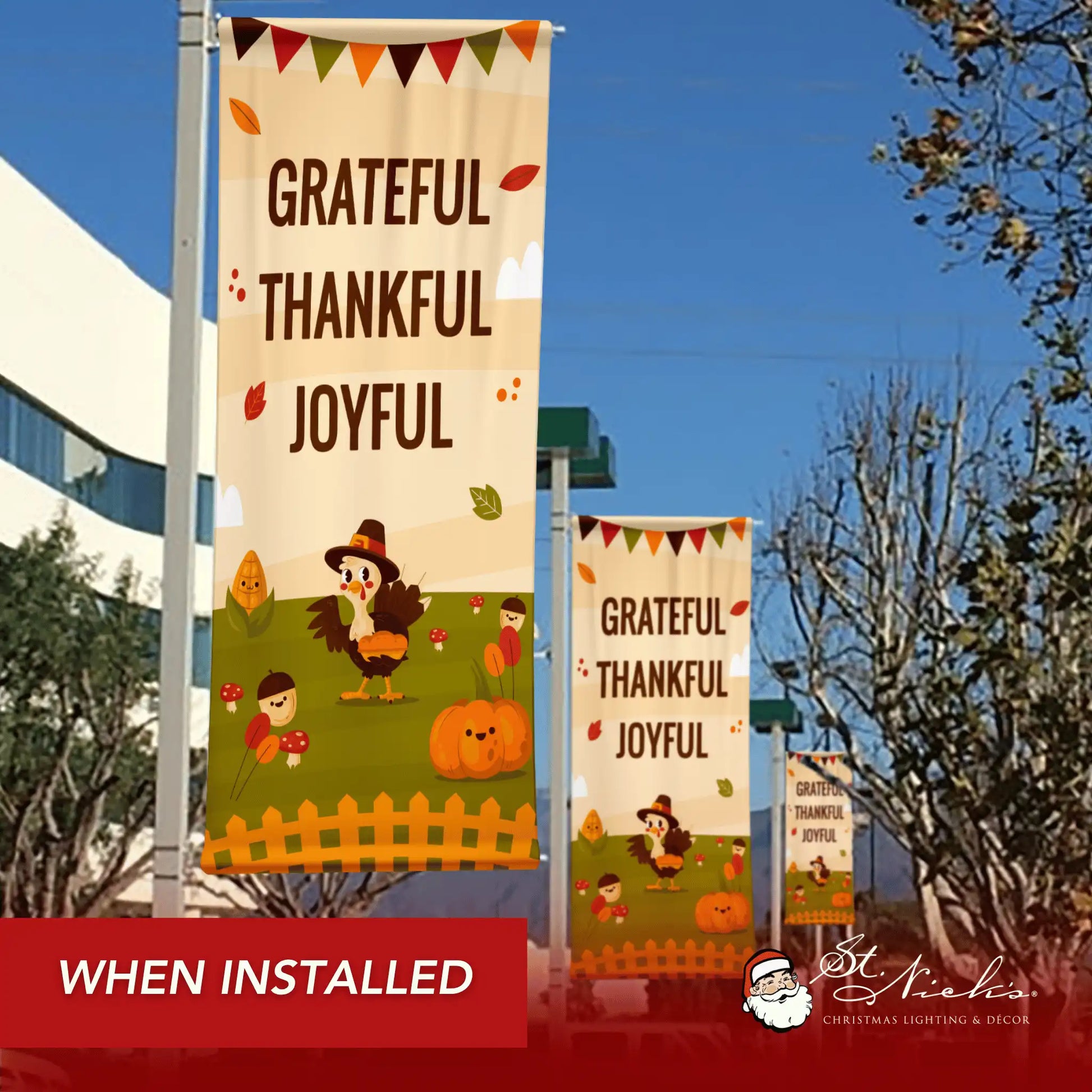 Grateful Thankful Joyful Thanksgiving pole banner installed along city street for seasonal décor