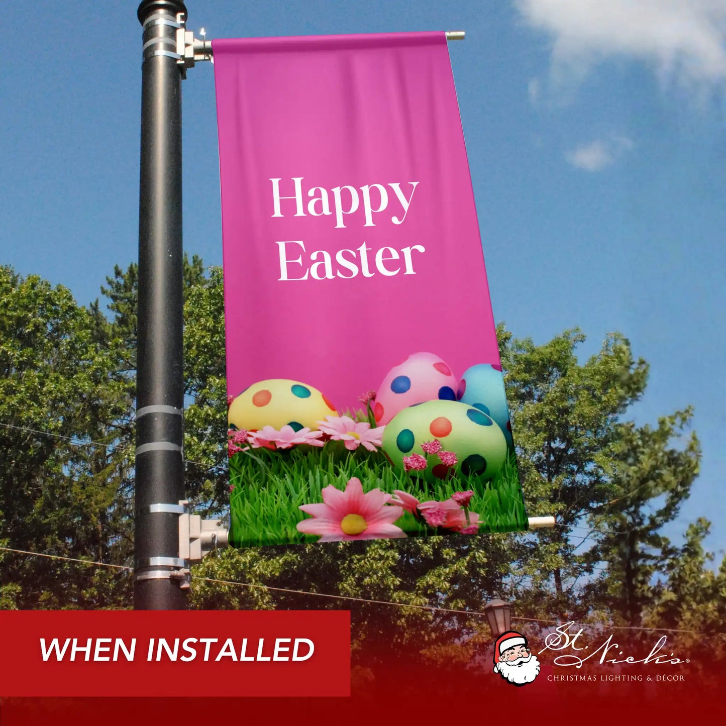 Happy Easter pole banner installed along city street for festive seasonal décor