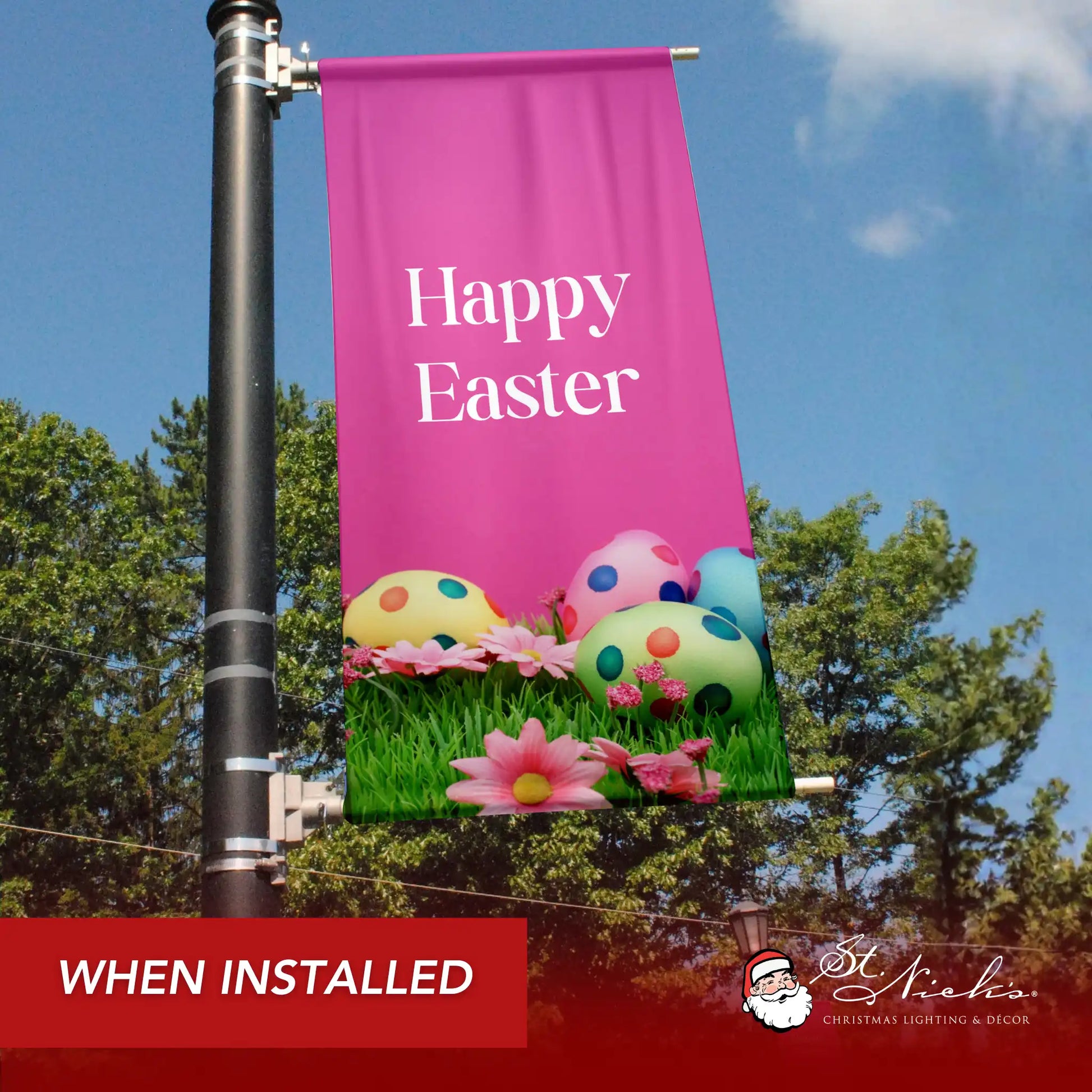 Happy Easter pole banner installed along city street for festive seasonal décor