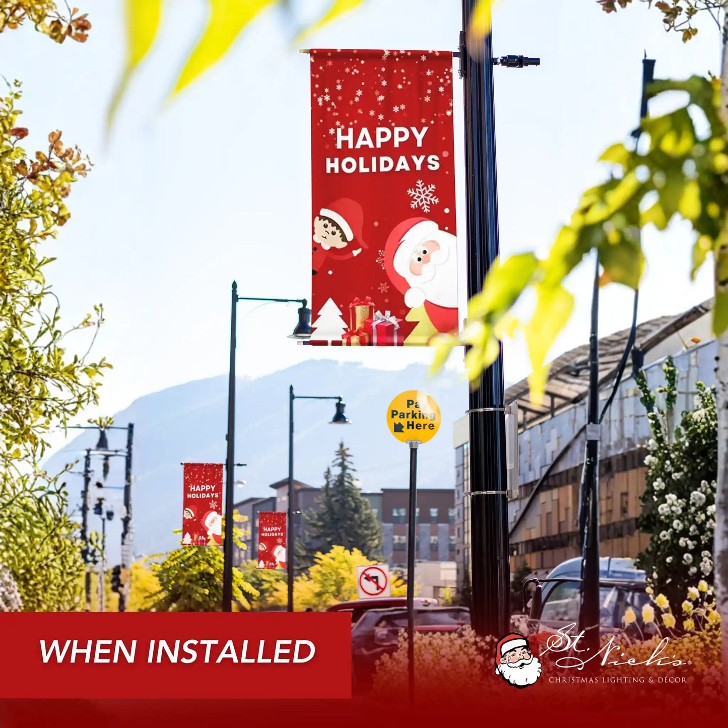 Happy Holidays Christmas pole banners displayed along city street for festive seasonal décor