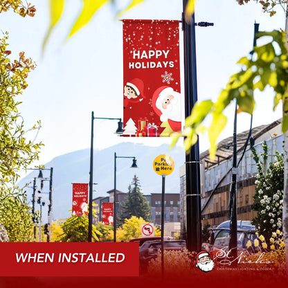 Happy Holidays Christmas pole banners displayed along city street for festive seasonal décor