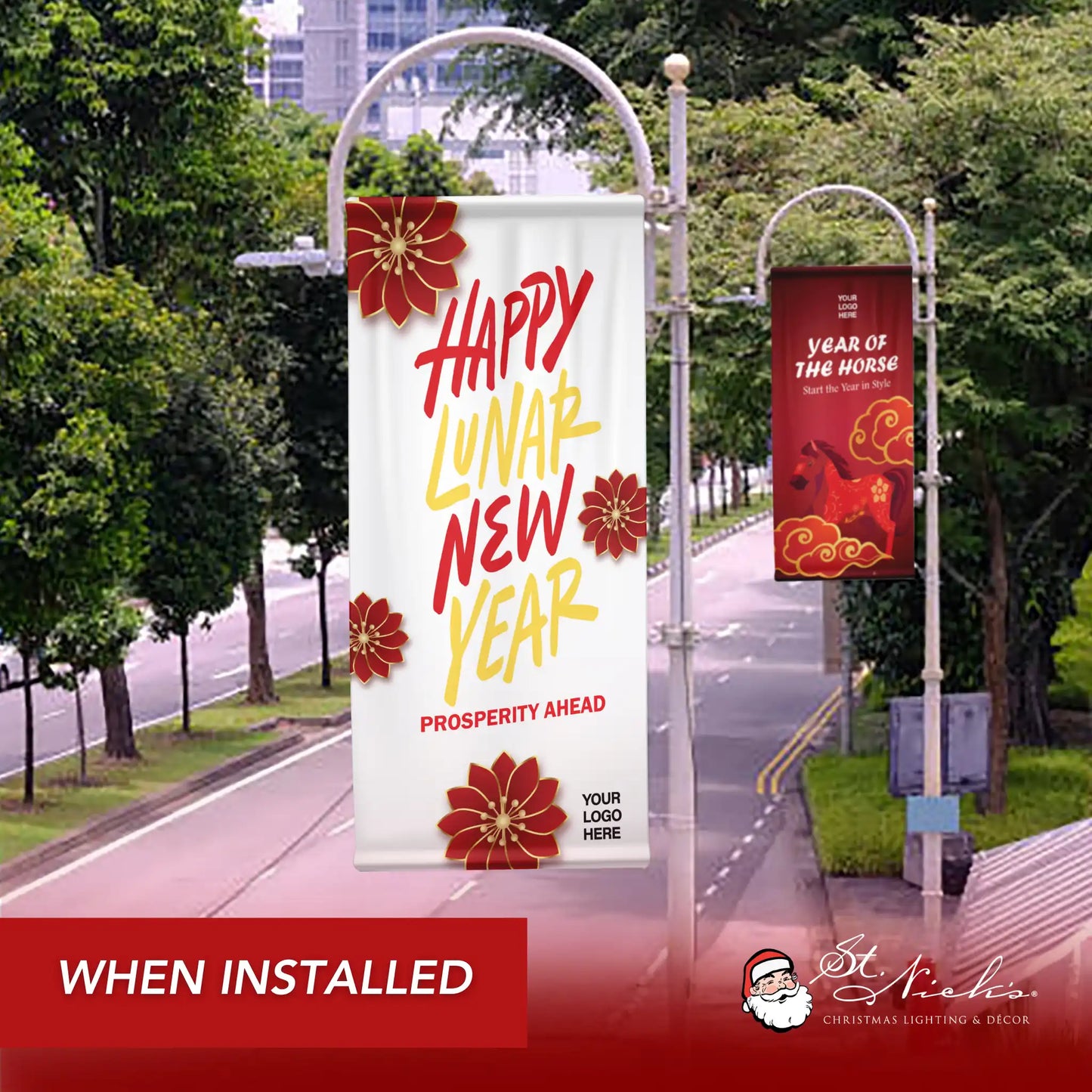 Happy Lunar New Year prosperity pole banner shown installed along city street with festive décor