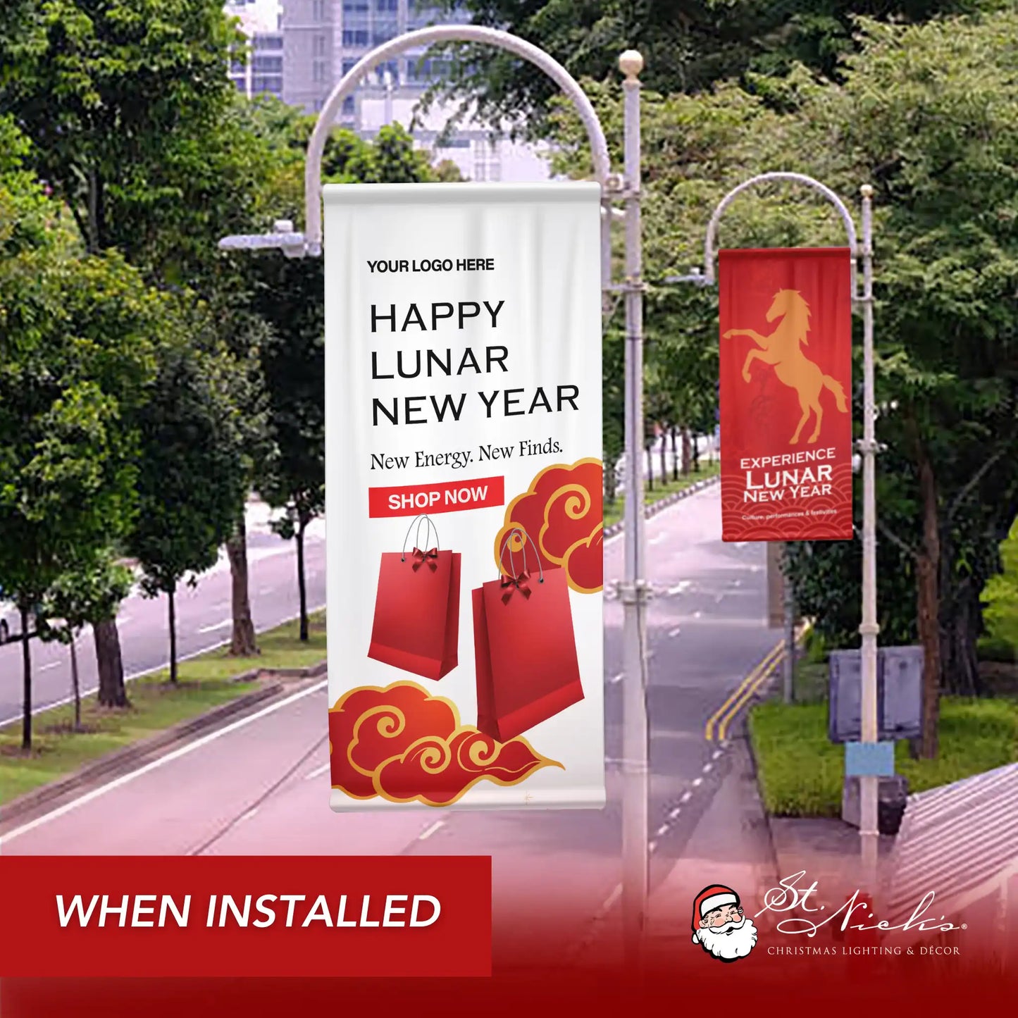 Happy Lunar New Year pole banner shown installed along city street with complementary Lunar New Year décor