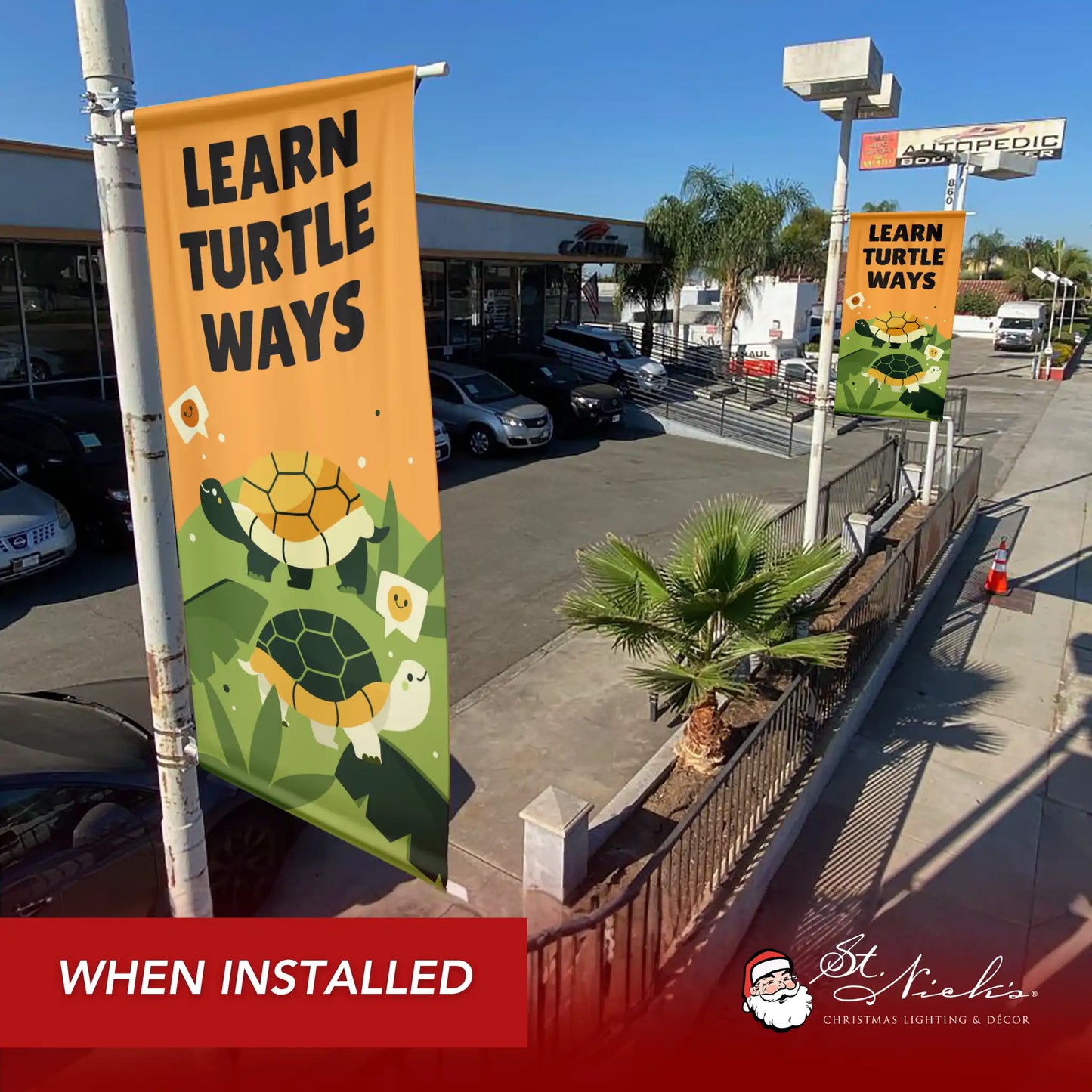 Learn Turtle Ways educational turtle banner mounted on street pole outdoors